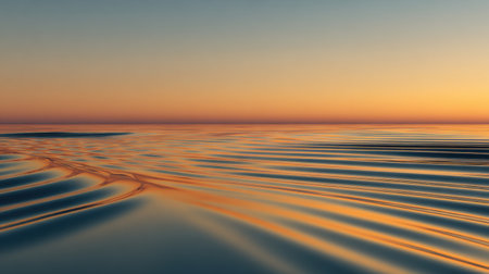 A stunning view of a tranquil sunset reflecting on a calm water surface, showcasing soft ripples and a beautiful gradient sky in warm hues during dusk.の素材