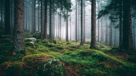 A serene misty forest scene with tall pine trees, lush green foliage, and a mysterious atmosphere created by gentle fog and diffused light.の素材