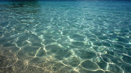A stunning view of crystal clear water at a tranquil beach, showcasing sunlight dancing on the surface, ideal for relaxation and connecting with nature.の素材