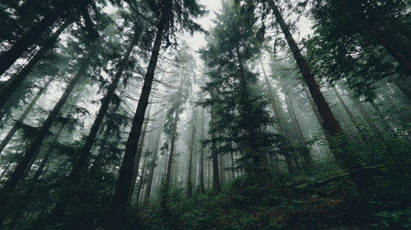 Discover a captivating forest scene, showcasing towering trees enveloped in mist. The fog creates an ethereal atmosphere, highlighting nature's calm and beauty.の素材