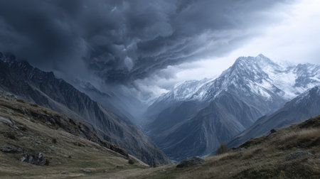 A stunning view of a dramatic mountain landscape with dark clouds looming over snow-capped peaks, showcasing the beauty and power of nature in a scenic valley.の素材