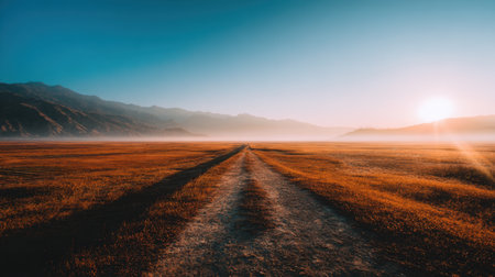 Breathtaking landscape showcasing a serene dawn with rolling hills and gentle mist. Perfect for nature lovers, travel enthusiasts, and outdoor themes.の素材