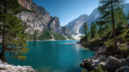 Explore a breathtaking view of a serene mountain lake, embraced by lush greenery and towering peaks under a vibrant blue sky, perfect for nature lovers.の素材