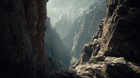Explore the stunning depth of a majestic canyon with rocky cliffs illuminated by soft sunlight, creating a breathtaking view of nature's rugged beauty and tranquility.の素材