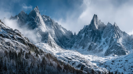 Discover a stunning winter landscape featuring majestic snow-capped mountains beneath dramatic clouds, creating an inviting scene for nature lovers and explorers.の素材