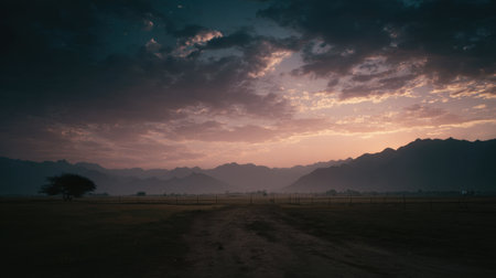 This image captures a tranquil rural landscape at dusk, showcasing breathtaking mountains and soft clouds. The serene setting invites reflection and calm.の素材