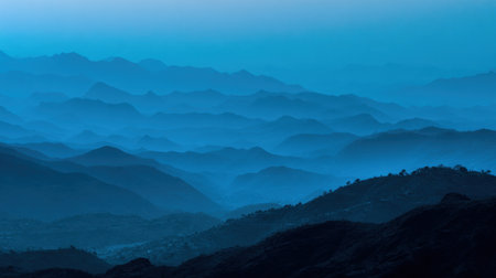 Captivating view of layered mountains enveloped in shades of blue at twilight, with fog creating a serene and tranquil atmosphere ideal for nature enthusiasts.の素材