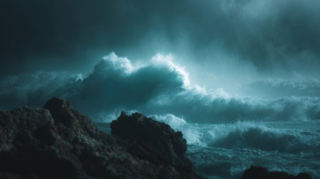 Experience the powerful beauty of stormy ocean waves crashing against a rugged rocky shore, enveloped in dramatic lighting and atmospheric clouds for a breathtaking view.の素材