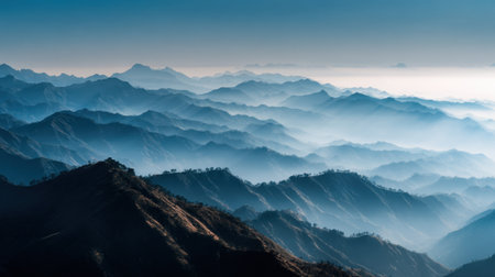 A breathtaking view of layered mountain peaks enveloped in soft mist showcases the tranquility and beauty of nature at sunrise, perfect for outdoor lovers.の素材