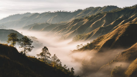 Experience the serene beauty of misty hills enveloped in gentle fog during early morning hours, showcasing the tranquility of nature in a breathtaking landscape.の素材