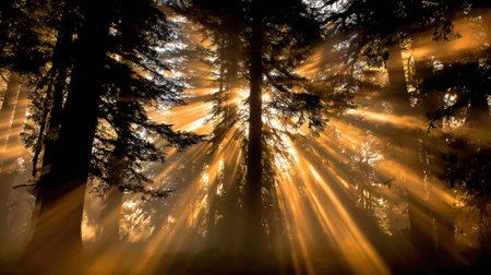 Captivating golden sunlight pierces through the tall trees in a misty forest, creating a breathtaking display of rays and enhancing the serene beauty of nature.の素材
