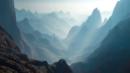 Ethereal mountain landscape showcasing majestic peaks enveloped in soft fog at dawn, evoking feelings of tranquility and adventure in a remote wilderness setting.の素材