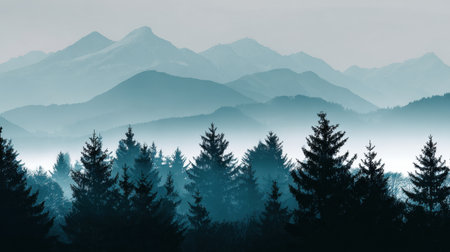 A breathtaking view of misty mountains rising behind a dense forest of evergreen trees, creating a serene and tranquil atmosphere perfect for nature lovers and adventurers.の素材