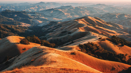 A breathtaking view of golden hills bathed in sunset light creates a serene atmosphere. The gentle slopes and lush greenery complement the expansive sky.の素材