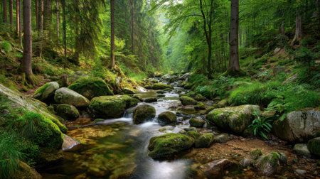 A tranquil scene of a lush forest featuring a gentle stream flowing over smooth stones, illuminated by sunlight filtering through the vibrant green tree canopy.の素材