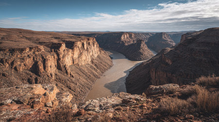 Experience the stunning beauty of a river winding through dramatic canyon landscapes, showcasing rugged rock formations and clear skies for outdoor exploration.の素材