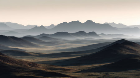 This breathtaking mountain landscape captures the soft undulations and gentle mist that envelops the rolling hills at dawn, offering a serene atmosphere for nature lovers.の素材