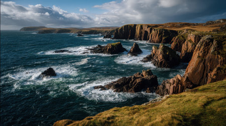 Captivating coastal view showcasing rugged cliffs and crashing waves against a backdrop of a dynamic sky, perfect for nature lovers and travel enthusiasts.の素材