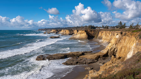 Experience the serene beauty of a rugged coastline featuring dramatic cliffs and gentle ocean waves under a stunning sky with clouds. Perfect for nature lovers.の素材