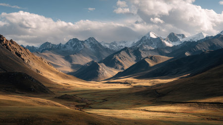 This stunning mountain landscape captures the essence of nature's beauty, featuring majestic peaks, rolling valleys, and dynamic cloud formations that inspire adventure.の素材