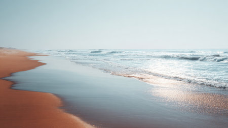 A picturesque beach scene featuring golden sand and gentle waves lapping at the shore under a clear sky. This serene landscape invites relaxation and peace.の素材