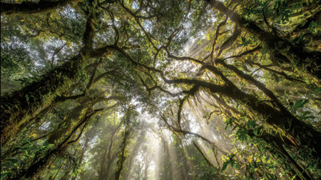 Experience the captivating beauty of a lush tropical rainforest with sunlight streaming through the dense canopy, creating a tranquil and serene atmosphere filled with vibrant greenery.の素材