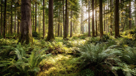 Captivating view of sunlight streaming through towering trees in a serene forest. Lush greenery and ferns reflect a peaceful, untouched natural environment, perfect for outdoor lovers.の素材