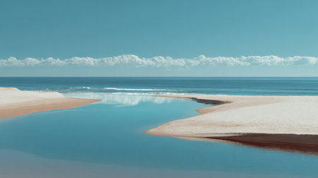 Capture the essence of tranquility with this serene coastal scene featuring calm waters, a clear blue sky, and soft sandy beaches, ideal for relaxation or travel themes.の素材