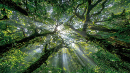 Experience the serene beauty of a dense forest as sunlight filters through the vivid green foliage, creating a stunning display of light and shadow in nature.の素材