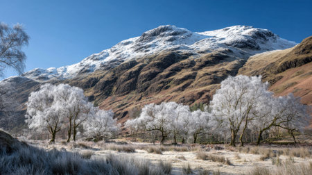 A breathtaking winter landscape featuring a snow-capped mountain and frost-covered trees under a bright blue sky, evoking serenity and natural beauty.の素材