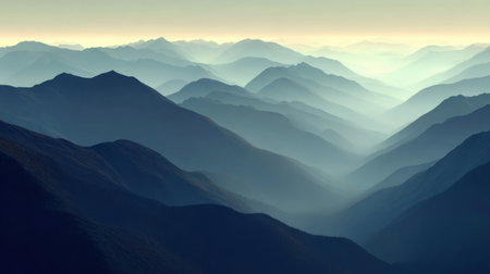 Captivating view of misty mountains at dawn, showcasing serene layers of peaks shrouded in soft fog, evoking tranquility and beauty of nature's majesty.の素材