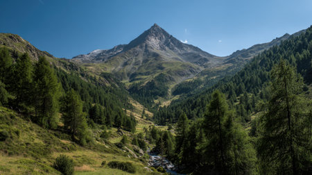 Breathtaking view of a towering mountain peak surrounded by lush green forests and a winding river under a clear blue sky, perfect for nature lovers.の素材