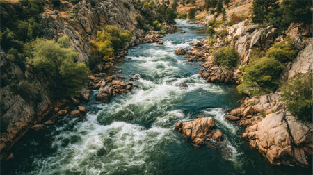 A breathtaking view of a river gracefully meandering through rocky terrain, flanked by vibrant greenery, creating a perfect spot for nature lovers and adventurers.の素材