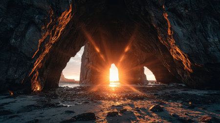 This captivating image showcases a sunset illuminating a natural rock archway in a coastal cave, with striking light beams and textured formations enhancing the serene atmosphere.の素材