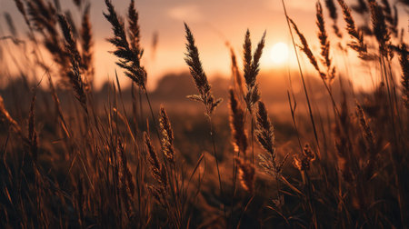 A stunning sunrise casts a warm golden glow over a field filled with tall grasses. This serene outdoor scene captures the essence of tranquility and natural beauty.の素材
