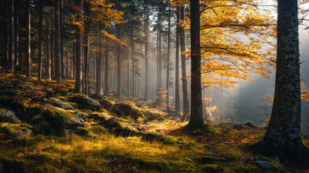 Explore a tranquil autumn forest filled with tall trees and shimmering sunlight filtering through mist, showcasing a peaceful landscape rich in color and serenity.の素材