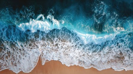 Stunning aerial perspective of ocean waves crashing on a sandy beach, highlighting turquoise waters and white foam under bright sunlight, creating a serene coastal view.の素材