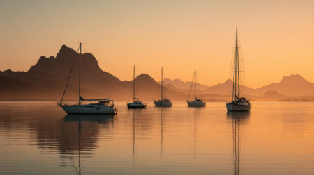 A serene sunset casts warm golden hues over calm waters, reflecting silhouetted sailboats and towering mountains, creating a peaceful and picturesque landscape.の素材