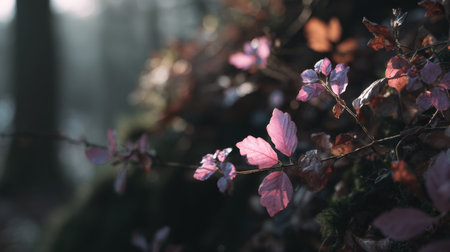 A captivating image of delicate pink leaves illuminated by soft light in a tranquil forest. This shot beautifully captures the essence of nature awakening in spring.の素材