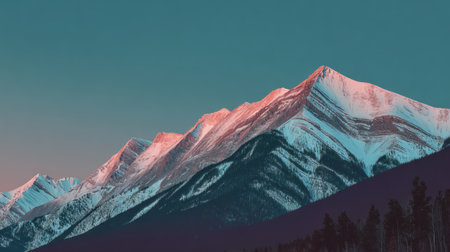 A stunning view of a mountain range at dawn, featuring snow-covered peaks illuminated by hues of pink and blue, showcasing the beauty of the natural wilderness.の素材