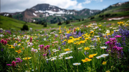 A stunning wildflower meadow showcases vibrant colors under a clear blue sky, with a picturesque snow-capped mountain backdrop, inviting outdoor enthusiasts.の素材