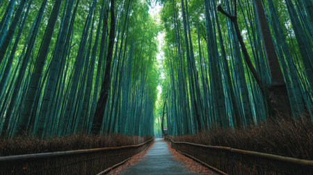 A tranquil pathway winds through a vibrant bamboo forest, showcasing tall stalks with sunlight filtering through the leaves, creating a serene atmosphere perfect for nature lovers.の素材