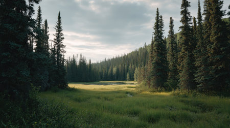 A scenic view of a lush green meadow bordered by towering evergreen trees, with a vast sky displaying gentle clouds. This tranquil natural landscape evokes peace and serenity.の素材