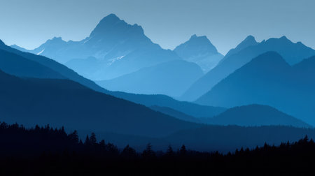 This mesmerizing blue mountain landscape captures soft fog and gentle peaks at dawn, creating a sense of serenity and peacefulness in nature's grandeur.の素材