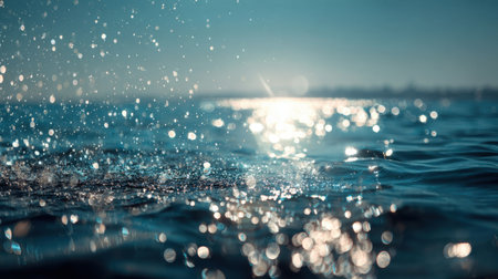 A serene view of sparkling water droplets creating mesmerizing patterns on the surface, with beautiful reflections of sunlight illuminating the tranquil scene.の素材