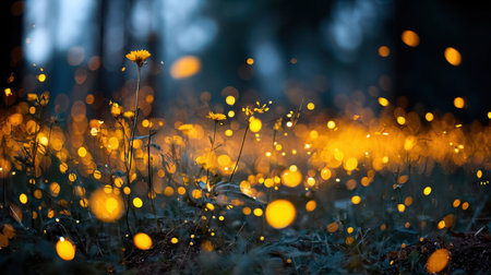 A magical scene featuring vibrant yellow flowers softly aglow with fireflies, creating an enchanting atmosphere in a serene forest during twilight hours.の素材