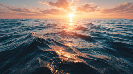 A breathtaking view of the ocean at sunset, showcasing gentle waves and vibrant colors reflecting golden light against dramatic clouds, perfect for nature lovers.の素材