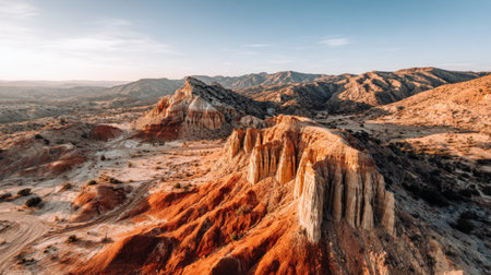 Experience the breathtaking beauty of a vibrant desert landscape with striking red and orange rock formations under a clear blue sky, showcasing nature's artistry.の素材