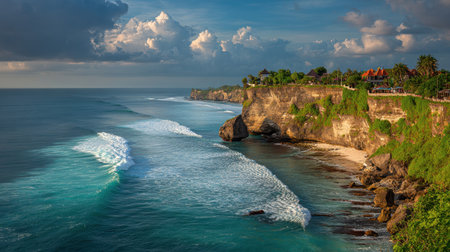 Experience a tranquil escape along a beautiful coastline where ocean waves cascade against majestic cliffs under a vibrant sky, inviting serenity and adventure.の素材