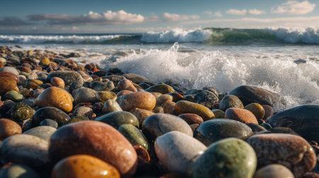 A serene coastal scene showcasing an array of colorful pebbles scattered along the shoreline, with gentle waves rolling in under a clear blue sky.の素材